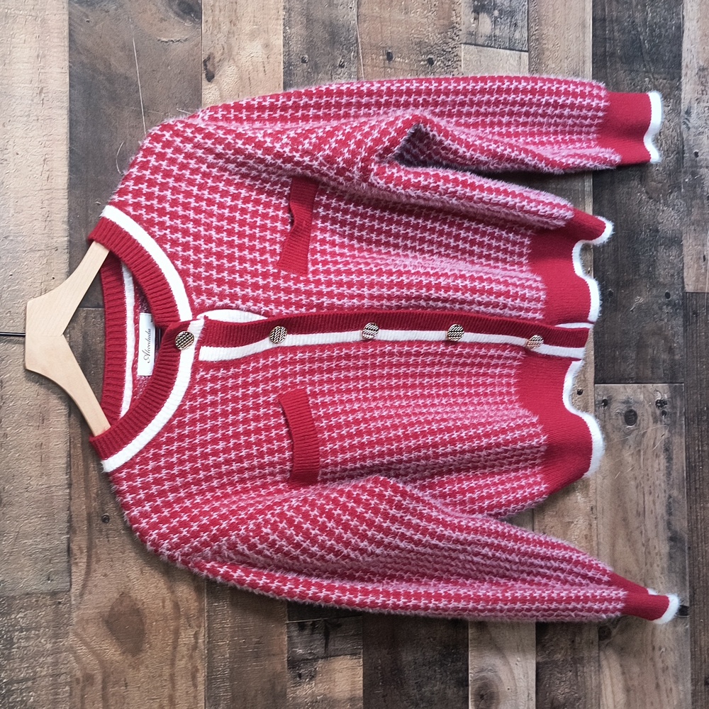 Alicedudu Red White Geometric Preppy Button Front Cardigan Sz Med Women